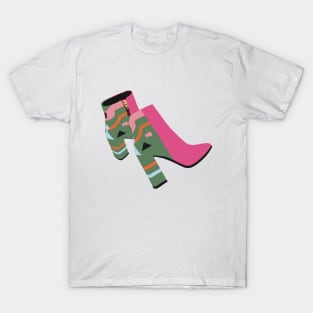 Trendy leather pink and green ankle boots with modern detail T-Shirt